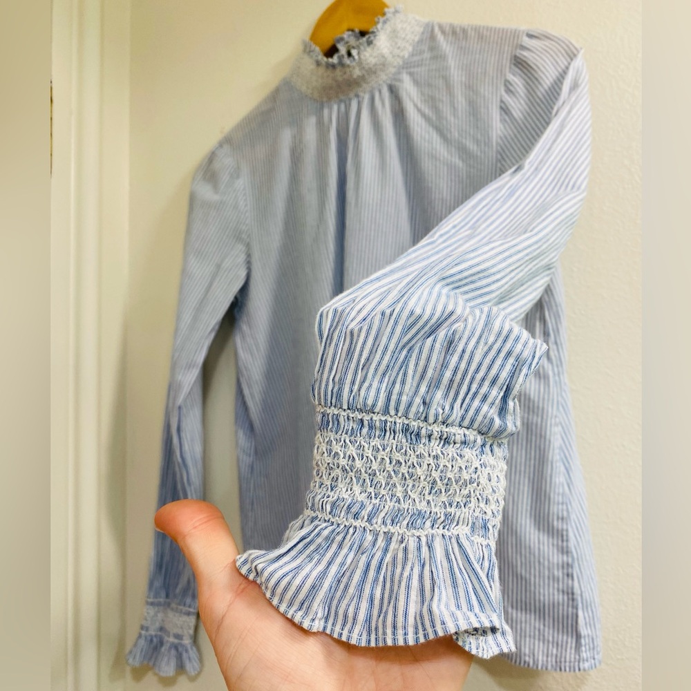 Sezane Blue and White Pinstripe Smocked Neck Blouse - Picture 6 of 9